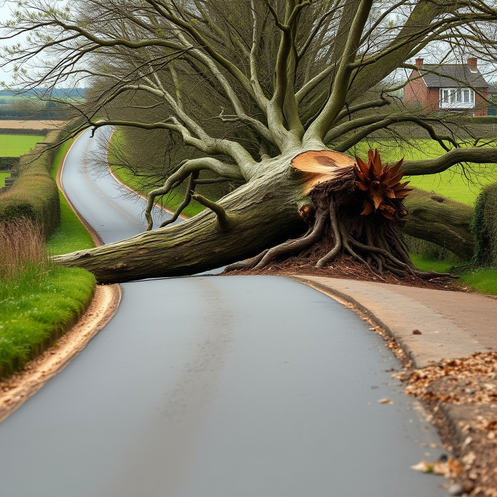 Vehicle travel disrupted by tree on village road
